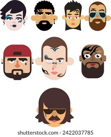 Front view set of character with tattoo, Bearded, with tattoos , hairstyles, poses cartoon style, flat vector illustration