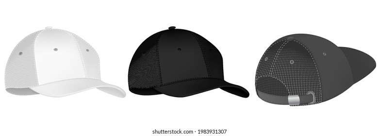 Front view set of realistic black, white and gray baseball cap or hat. Mockup and blank template of baseball cap. Isolated vector illustrations set. Design template, vector eps10 illustration.