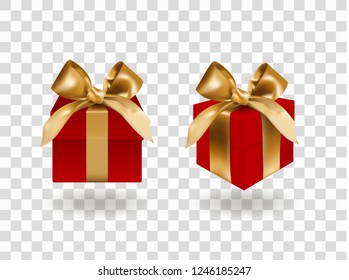 Front view of set of two closed Red gift boxes bandaged with golden elegant bows with knots. Objects or icons isolated on transparent background. Realistic vector illustration.