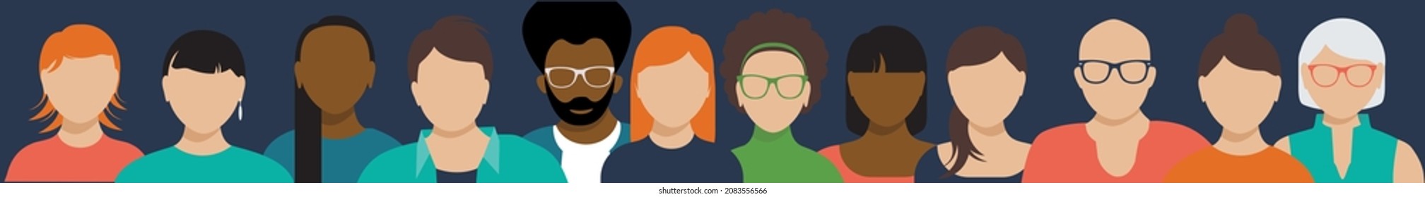FRONT VIEW OF SEVERAL PEOPLE OF DIFFERENT ETHNICS AND GENDERS FORMING A TRIANGLE