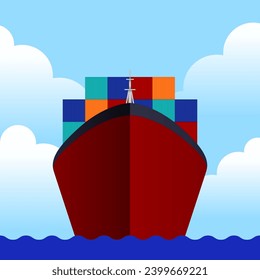 Vista frontal de un buque que cruza el mar transportando contenedores
