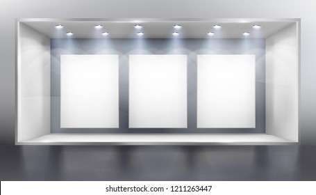 Front view of shop  with display. Empty place for the exhibition. Vector illustration.