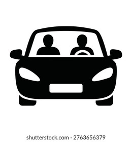 Front view silhouette icon of car with two passengers driving: road trip, transportation, and travel concept