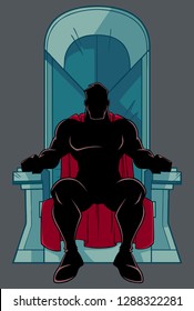 Front view silhouette illustration of cartoon man with cape, sitting on an iron throne as a positive concept for power and leadership isolated on grey background for copy space.