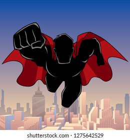 Front view silhouette illustration of determined and powerful superhero wearing red cape while flying above city.