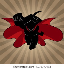 Ilustración de silueta de visión frontal de superheroína determinada y poderosa usando capa roja mientras sobrevuela el fondo abstracto.