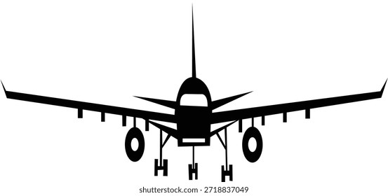 Silueta de vista frontal de un Grande avión de pasajeros con tren de aterrizaje extendido sobre fondo blanco Palabras claves avión