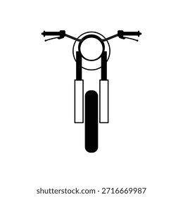 Silueta de vista frontal del manillar de la motocicleta y la rueda delantera. Vector de moto minimalista para club de motoristas, taller y temas de diseño automotriz. Aislado en el fondo blanco