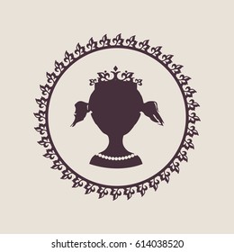 Front view silhouette of a princess or queen in a frame. Vector Illustration. Cute adolescent girl portrait. Pigtail hairstyle. Fashion branding emblem