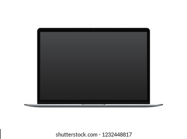 Front view of silver laptop with camera and empty screen isolated on white background.  Can be used for presentation web-design, sites and templates. Vector resizable illustration.