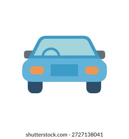 Vista frontal de uma ilustração de carro azul estilo simples, plana com faróis laranja, em um fundo branco.