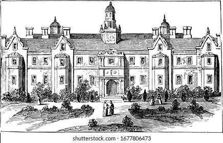 Front view of Sir Thomas More's House, it is located in Chelsea. He built this house for himself in 1520. He was Lord Chancellor to Henry VIII, vintage line drawing or engraving illustration.