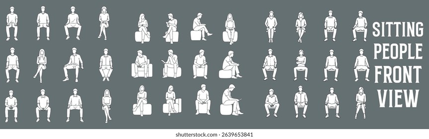 Front View Sitting People Vector Illustration. Hand Drawn Men and Women Seated in Various Poses and Outfits for Architectural Plans, Urban Design, and Interior or Public Space Layouts