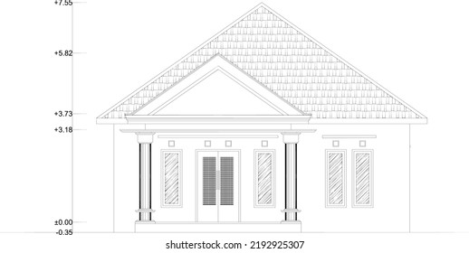 front view sketch or elevation of a one-story residential house