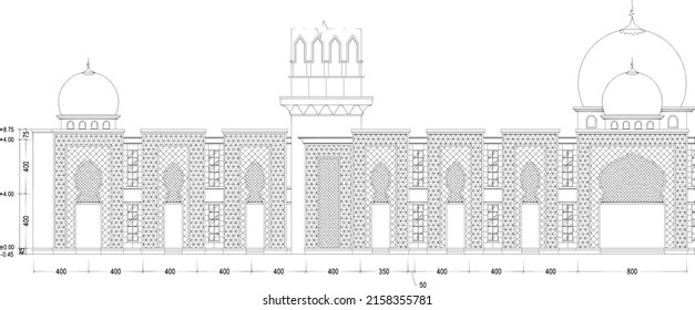 front view sketch of the grand mosque with dome and Islamic ornaments