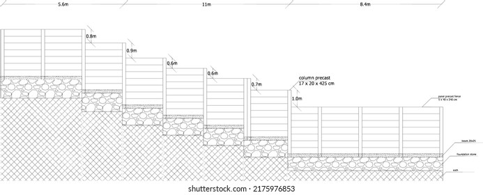 front view sketch of precast fence or precast panels with different ground contours