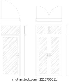 front view sketch of single door and double door with glass in the middle