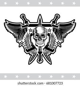 Front view skull in center of wreath between with wings and crossed swords. Vector heraldic design elements