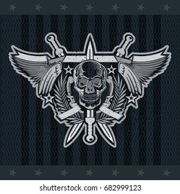 Front view skull in center of wreath between with wings and crossed swords. Vector heraldic design elements on blackboard