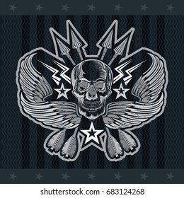 Front view skull with crossed arrows and lightning between wings. Vector heraldic design elements on blackboard