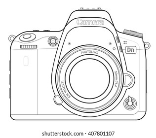 Front view of SLR Camera Line Art.  Outline Vector illustration