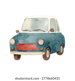 Front view of a small blue vintage car