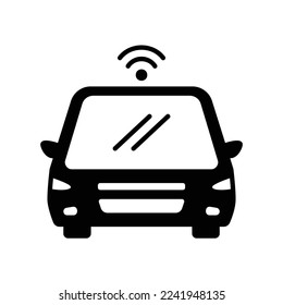 Front view smart car icon with wireless signal on it in black solid style