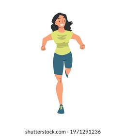 Front View of Smiling Running Woman, Female Athlete Running Marathon, Training, Jogging on Isolated White Background