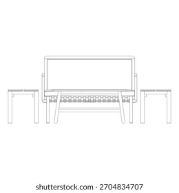 Vista frontal de um conjunto de sofá mostrando um sofá de 2 lugares flanqueado por duas banquetas e uma mesa de café no centro, criando uma elevação moderna e mínima.