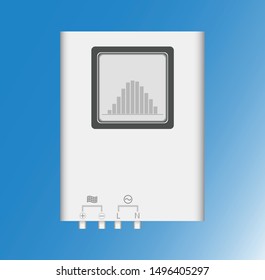 The front view of solar inverter receives direct current from solar panels and transforms into alternating current to used for electric equipment. Display shown energy profiles.