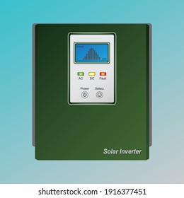 The front view of solar inverter, transforms direct current to alternating current used for electric equipment. Display shown energy profiles and other status.