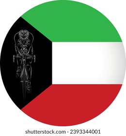 Front view of a solo road cyclist in aerodynamic position drawn in white line art over the national flag of Kuwait. Powerful concept combining elite performance, national identity