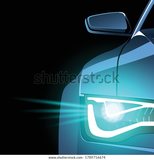 Front View of sport Car in dark. Front Headlight\
shines blue xenon