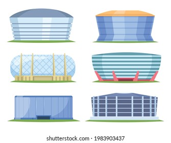 Front view of sport stadiums in cartoon style. City arena exterior illustration. Set of beautiful modern sports stadiums for football championship, sports arena for advertisement design