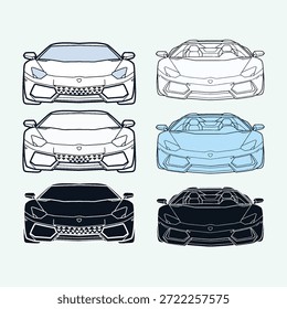 Vector de coche deportivo de vista frontal en línea y estilos sólidos