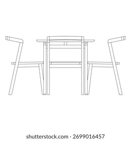 Front view of a square dining set showing a solid square table paired with four matching chairs. The composition highlights a cohesive wooden structure with simple geometric lines