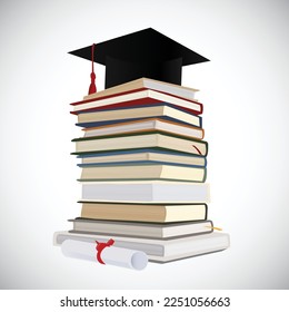 front view stacked books graduation cap diploma education