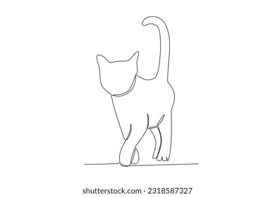 Front view of a standing cat with its tail raised. International cat day one-line drawing