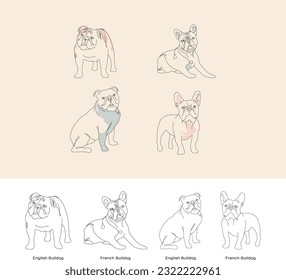 Front view of standing dog, sitting bulldog. Continuous line art drawing style. Curious funny dog black linear sketch isolated on white background. Vector illustration. Isolated, freestanding graphic.