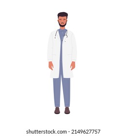 Front view of standing male doctor. Hospital employee, clinical healthcare worker vector illustration