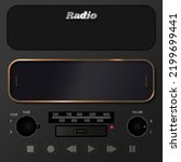 Front of view of a stereo digital radio with empty digital display screen and mesh speaker and radio controls. Multimedia buttons, cassette player slot. Editable Vector Template.