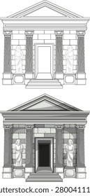 Front view stone mausoleum with statues, open doorway, linear vector style and subtle shading