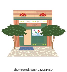 Front view of the store front, with a brick facade, flowers on the roof, two trees on the sides, with a beautiful signboard, in 3D