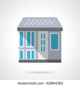 Front view of a store with a roof, door, showcase and shadow. Architecture, real estate agency, commercial buildings. Flat style color vector icon
