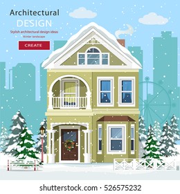 Front view of suburban home in snowfall. Cute graphic house with trees. Winter landscape with city background. Flat style vector illustration.