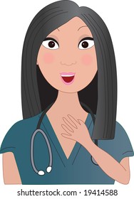 A front view of a surprised Asian nurse with a stethoscope