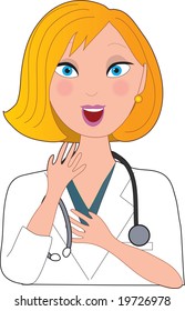 Front view of a surprised blond Caucasian nurse with a stethoscope
