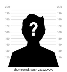 Front view of the suspect silhouette. Silhouette of anonymous man with question mark in background of criminal record or police serial. vector illustration