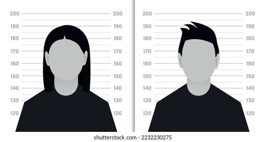 Vista frontal de la silueta sospechosa. Silhouette de hombre y mujer anónimos con signo de interrogación sobre antecedentes de antecedentes penales o de una serie policial. ilustración vectorial