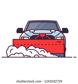 Front view of SUV car with attached snowplower. Line style vector illustration. Off road vehicle in winter clearing road from snow. Cleaning winter road Big truck pixel perfect banner.